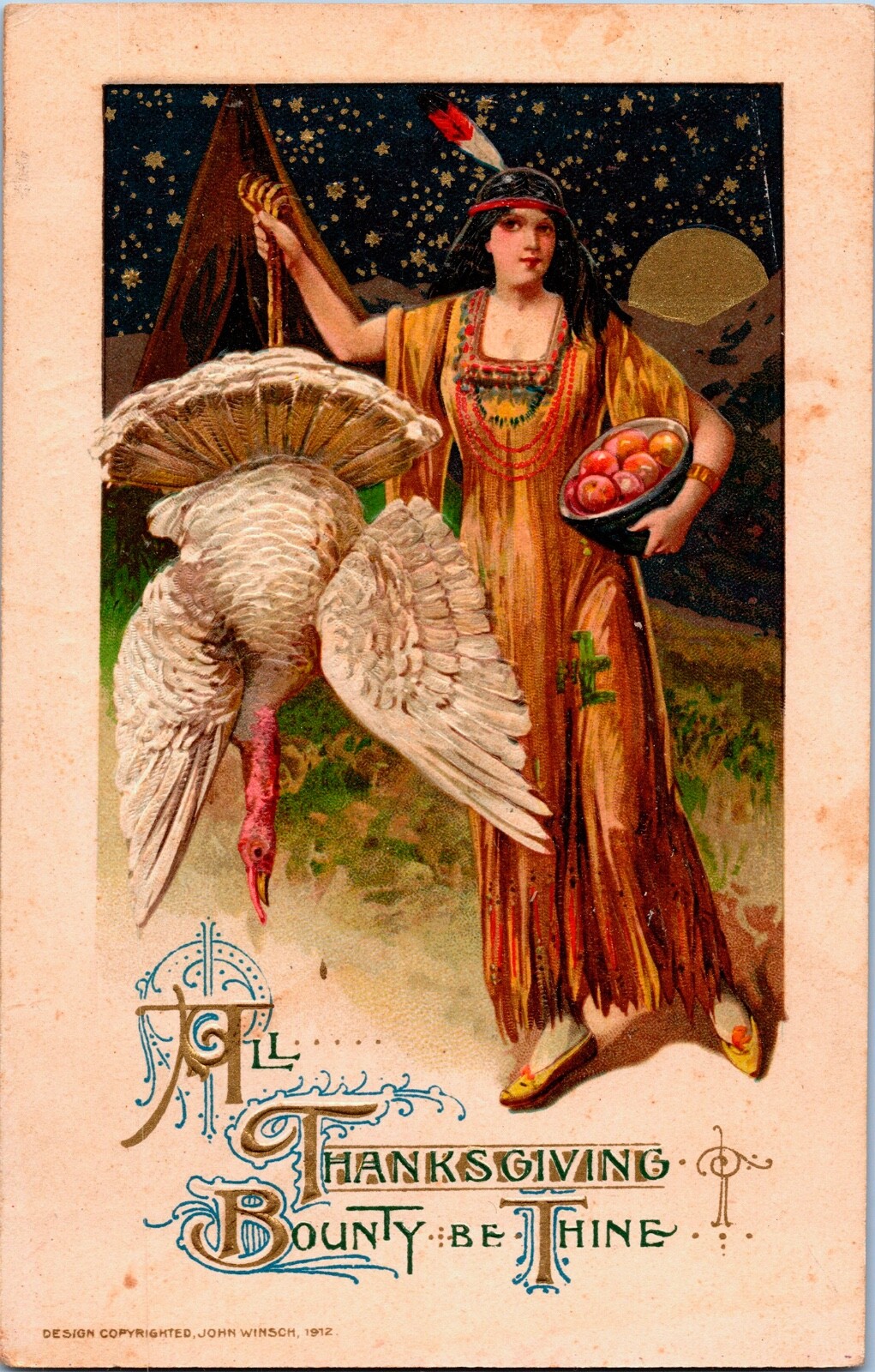 Vintage 1912 Schmucker Indian Winsch Girl & Turkey Thanksgiving Postcard UNUSUAL