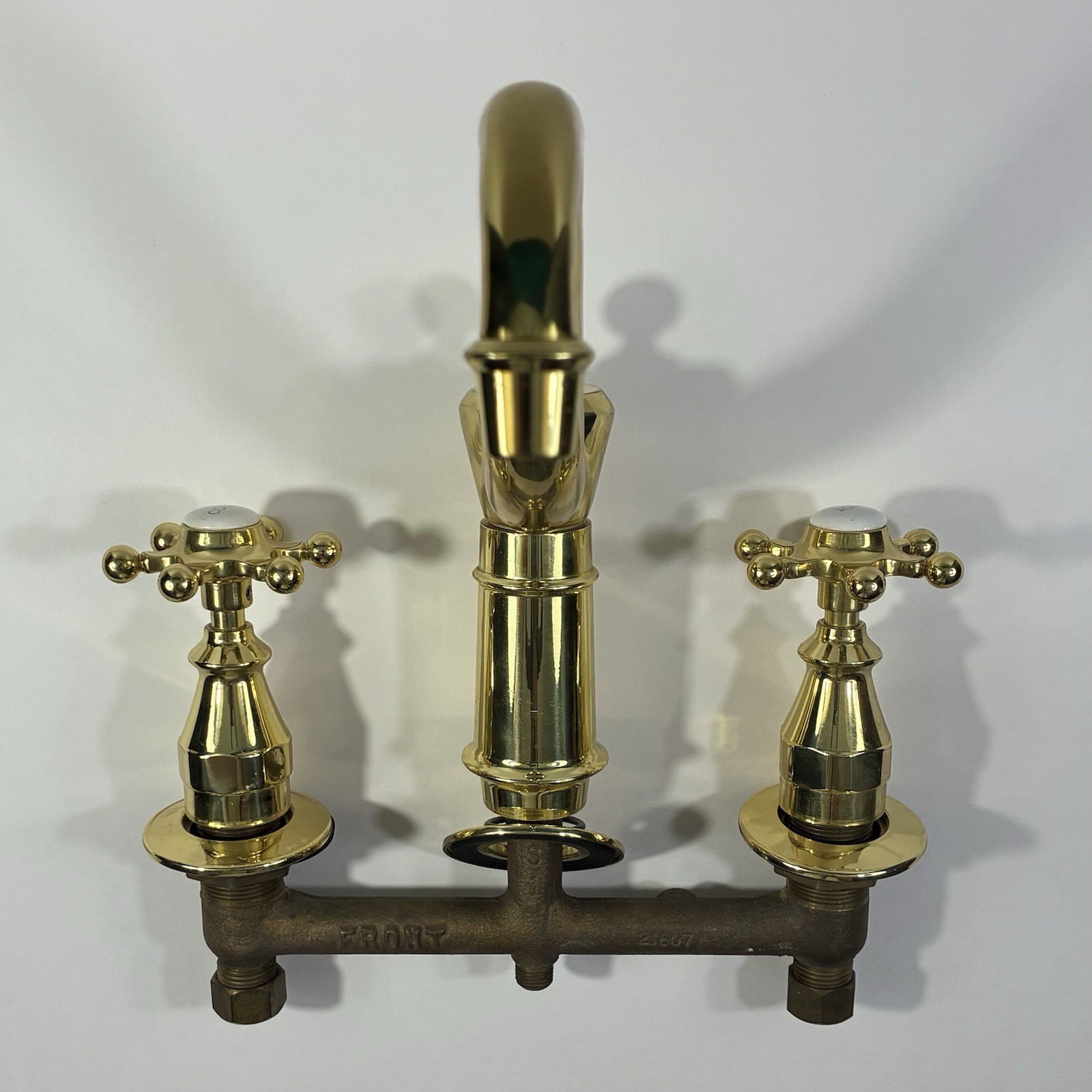 Vintage Solid Brass Bridge Faucet Cross Handles Hot Cold w/ Sprayer