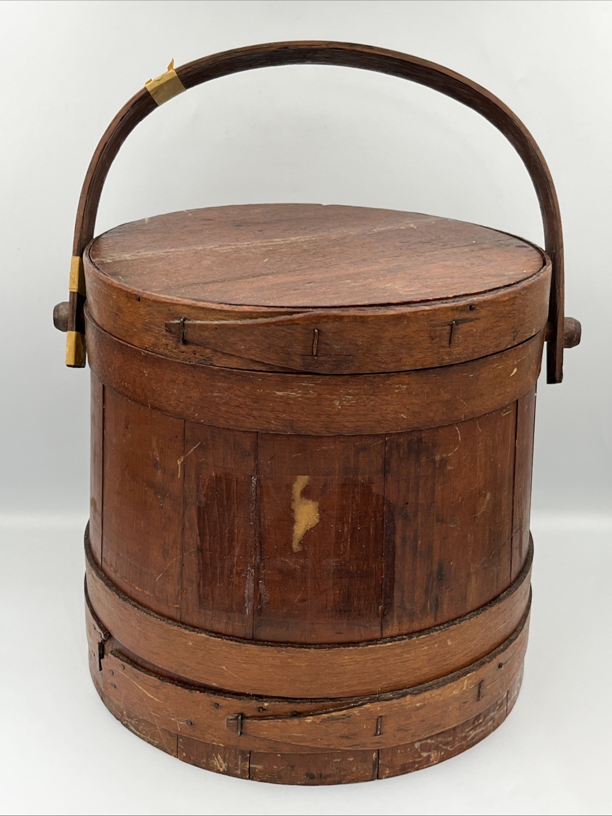 Antique Primitive Wooden 10 Inch Firkin Sugar Bucket with Swing Handle and Lid