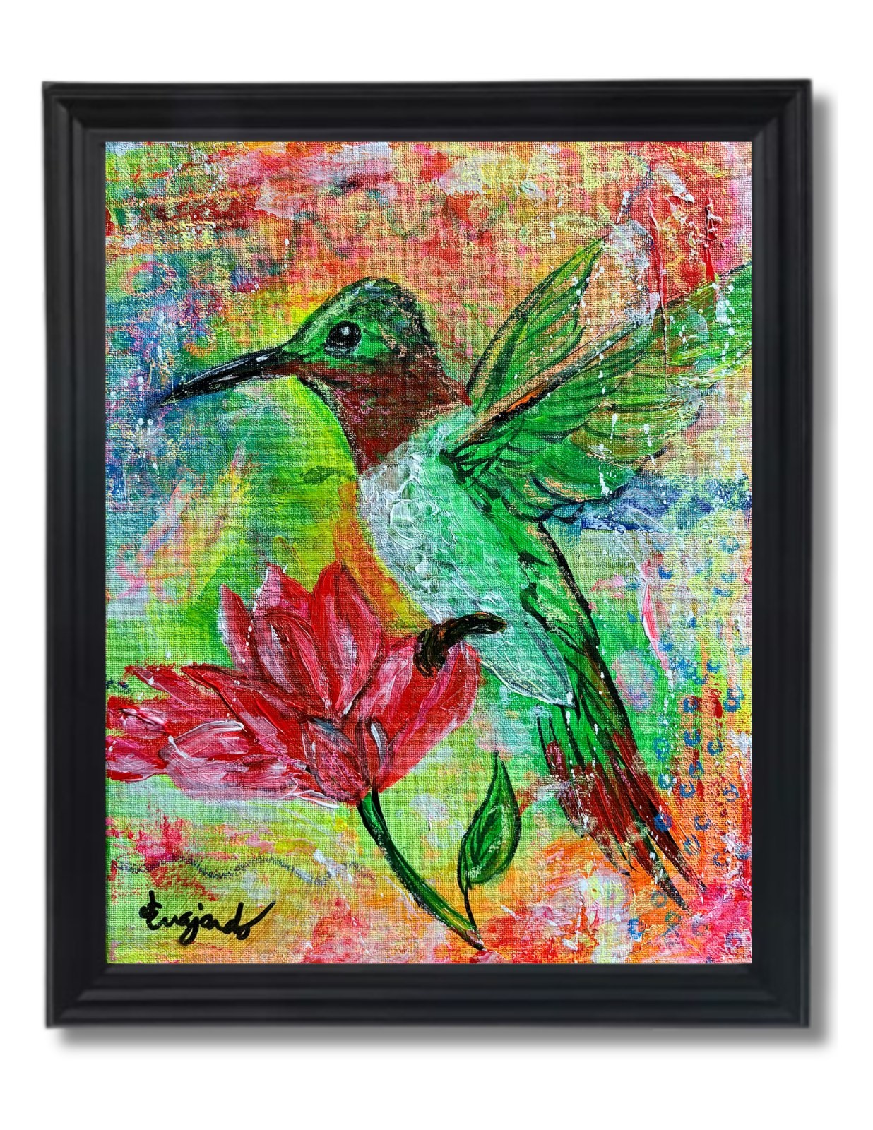 Guajardo Art Original 14x11 Neo Expressionist Hummingbird Red Flower Canvas