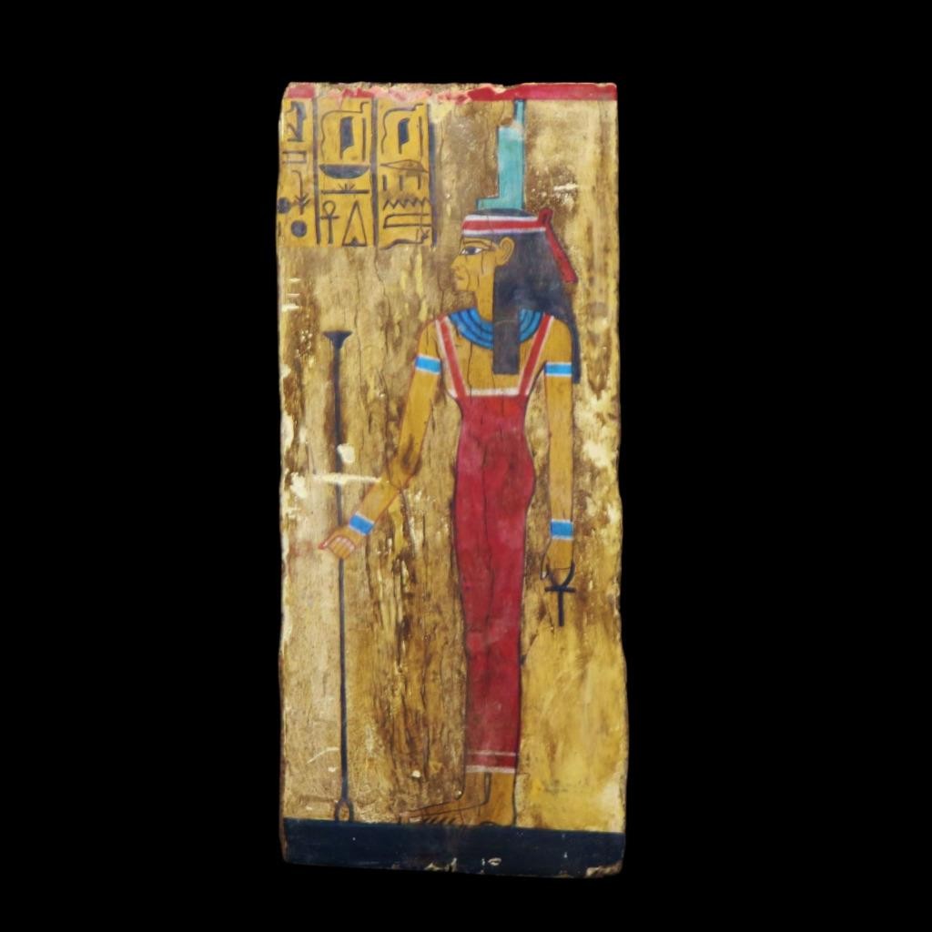 Authentic Unique Old Painted Wooden Wall Plaque Queen Goddess, Ancient Egyptian