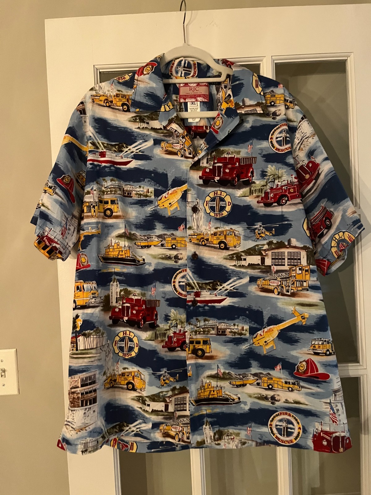 RJC Vintage Hawaiian Shirt Fire Department Rescue Short Sleeve Mens XL