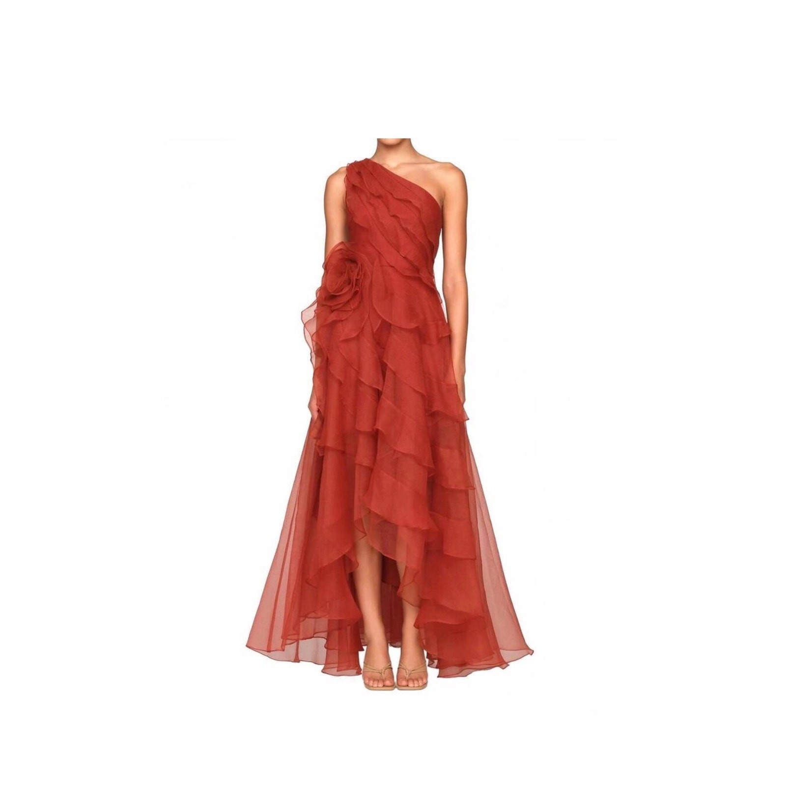 NWT THEIA 6 Daniella Tiered Ruffle One Shoulder Gown in Terracotta