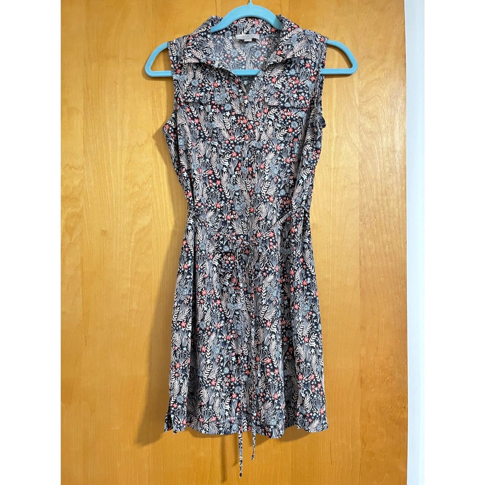 LOFT Floral Sleeveless Dress; belted with collar, midi length LOFT Floral Sleeveless Dress; belted with collar, midi length