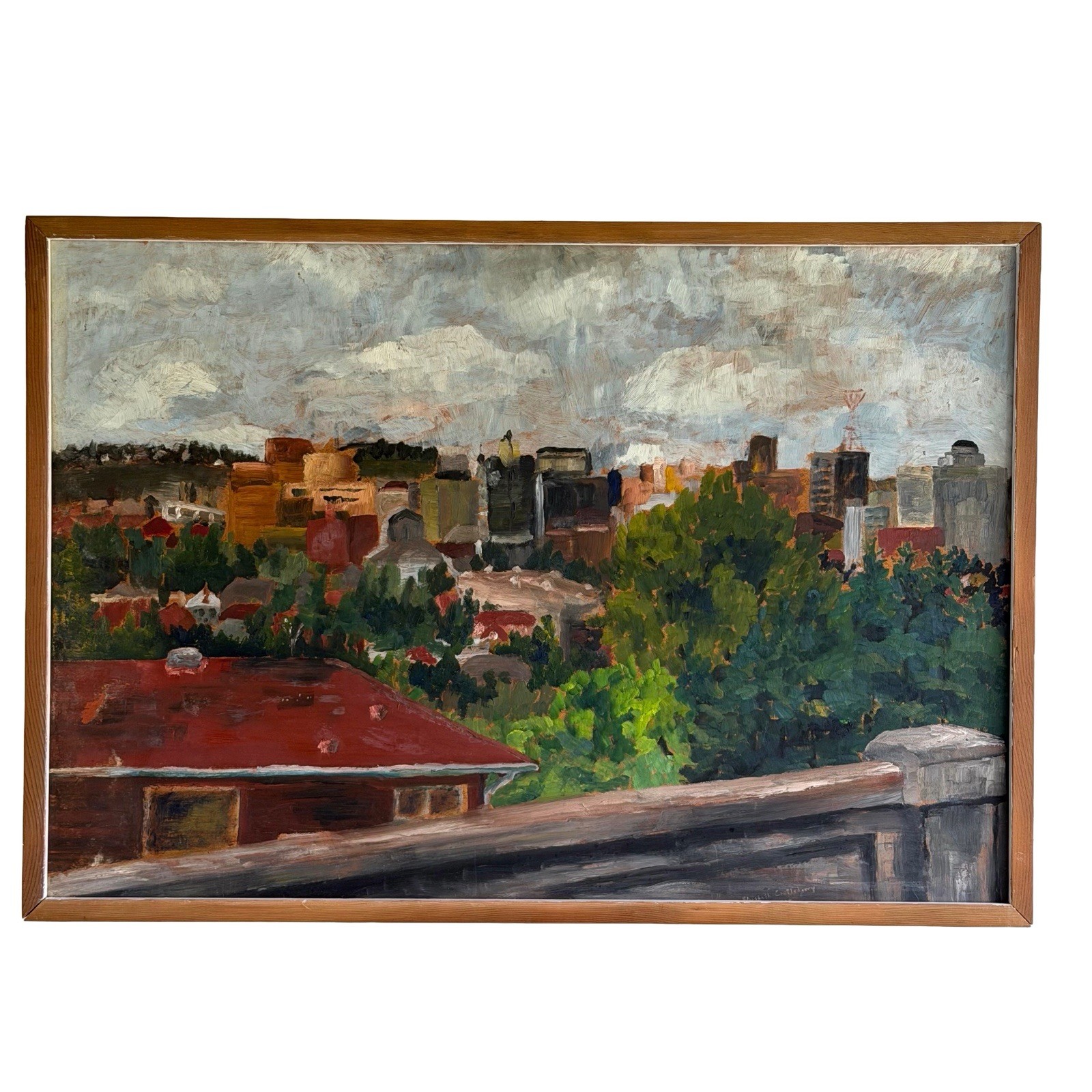 Vintage Original City Skyline Painting Signed Elisabeth Castleberry 1959 32 X 23