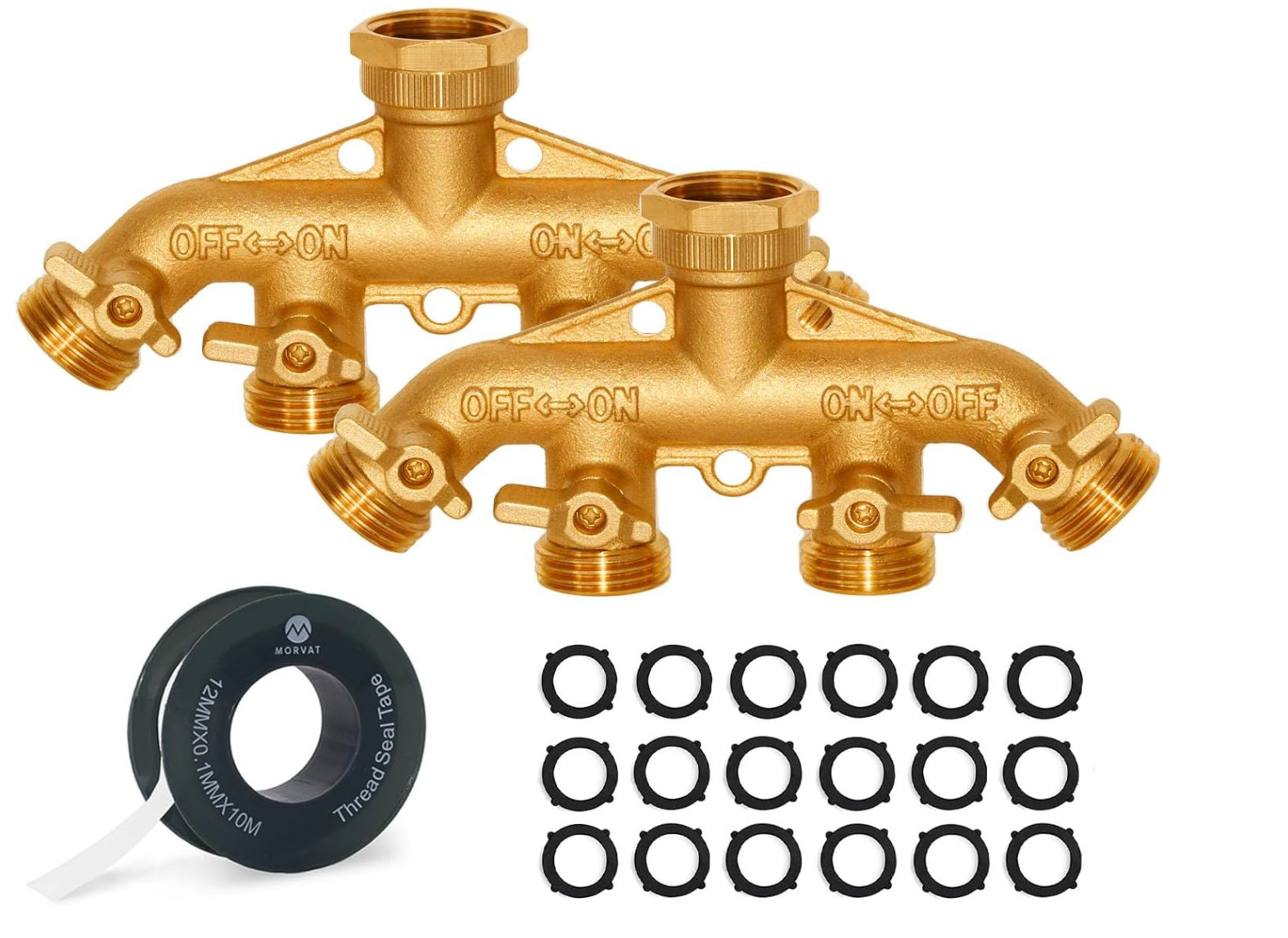 2 Pack MORVAT Heavy Duty Hexagonal Brass 4 Way Garden Hose Y Splitter