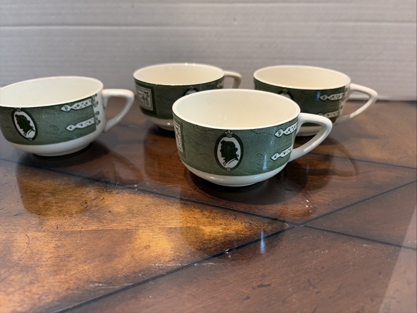 VTG Colonial Homestead by Royal Set of 4 Coffee Cups Green Transferware