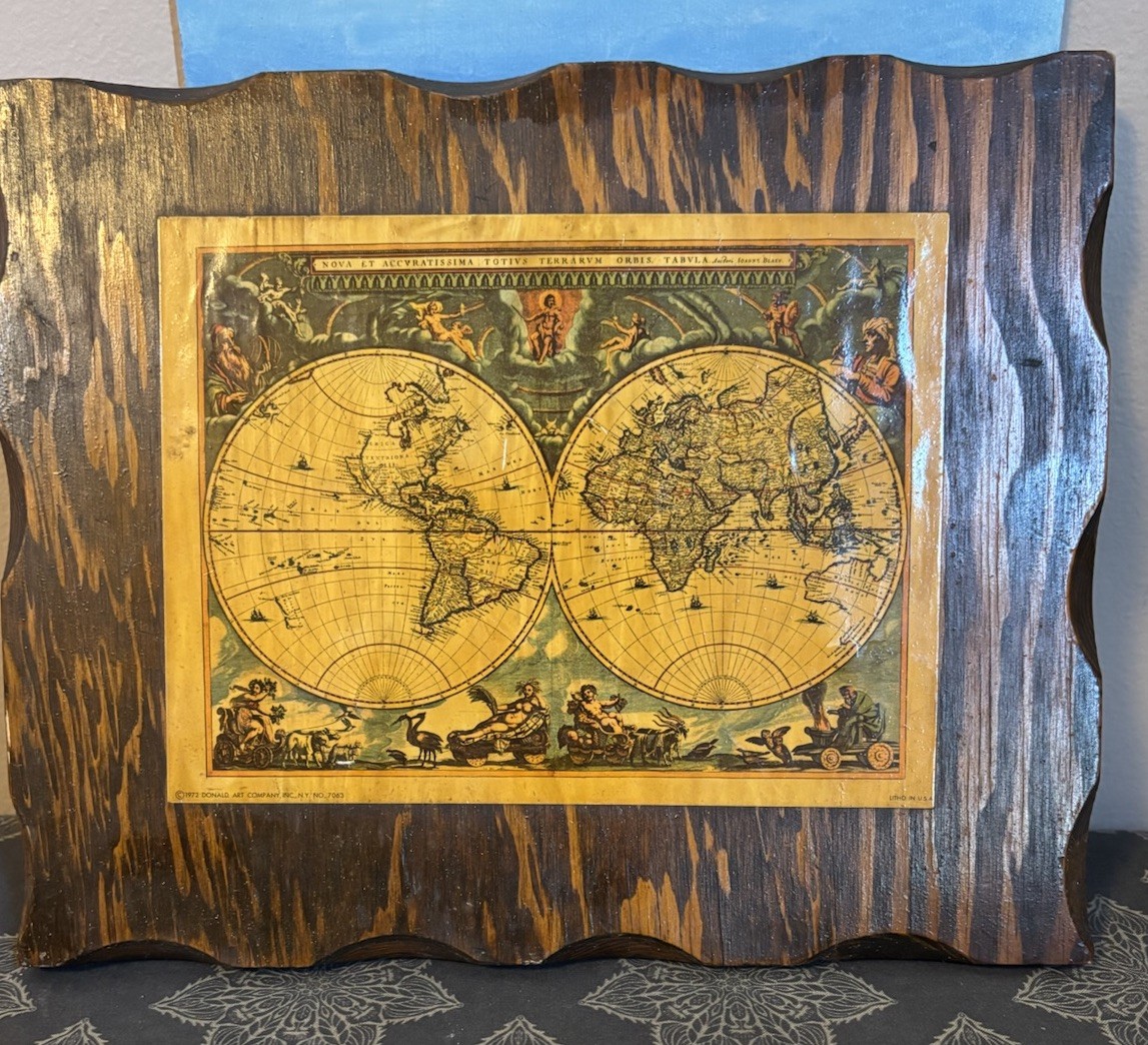Vintage 1972 Donald Art Orbis Terrarum Nova Mythical Hemisphere Map On Wood 