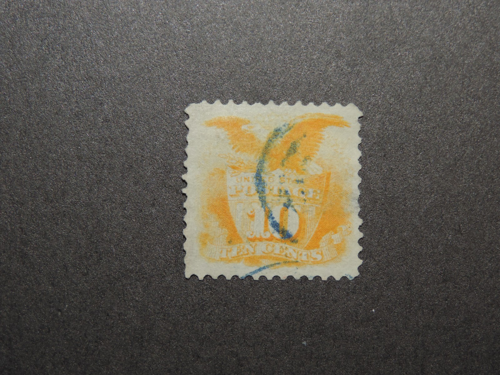 US Stamp Scott # 116 1869 10c Shield & Eagle, Yellow, G Grill, Perf 12 VF US Stamp Scott # 116 1869 10c Shield & Eagle, Yellow, G Grill, Perf 12 VF