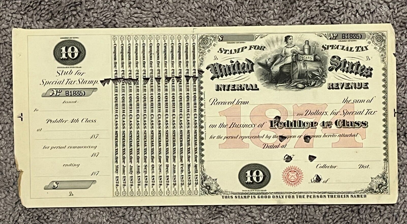US SPECIAL TAX REVENUE STAMP - 1874 $10 PEDDLER 4th CLASS NICE LOOK
