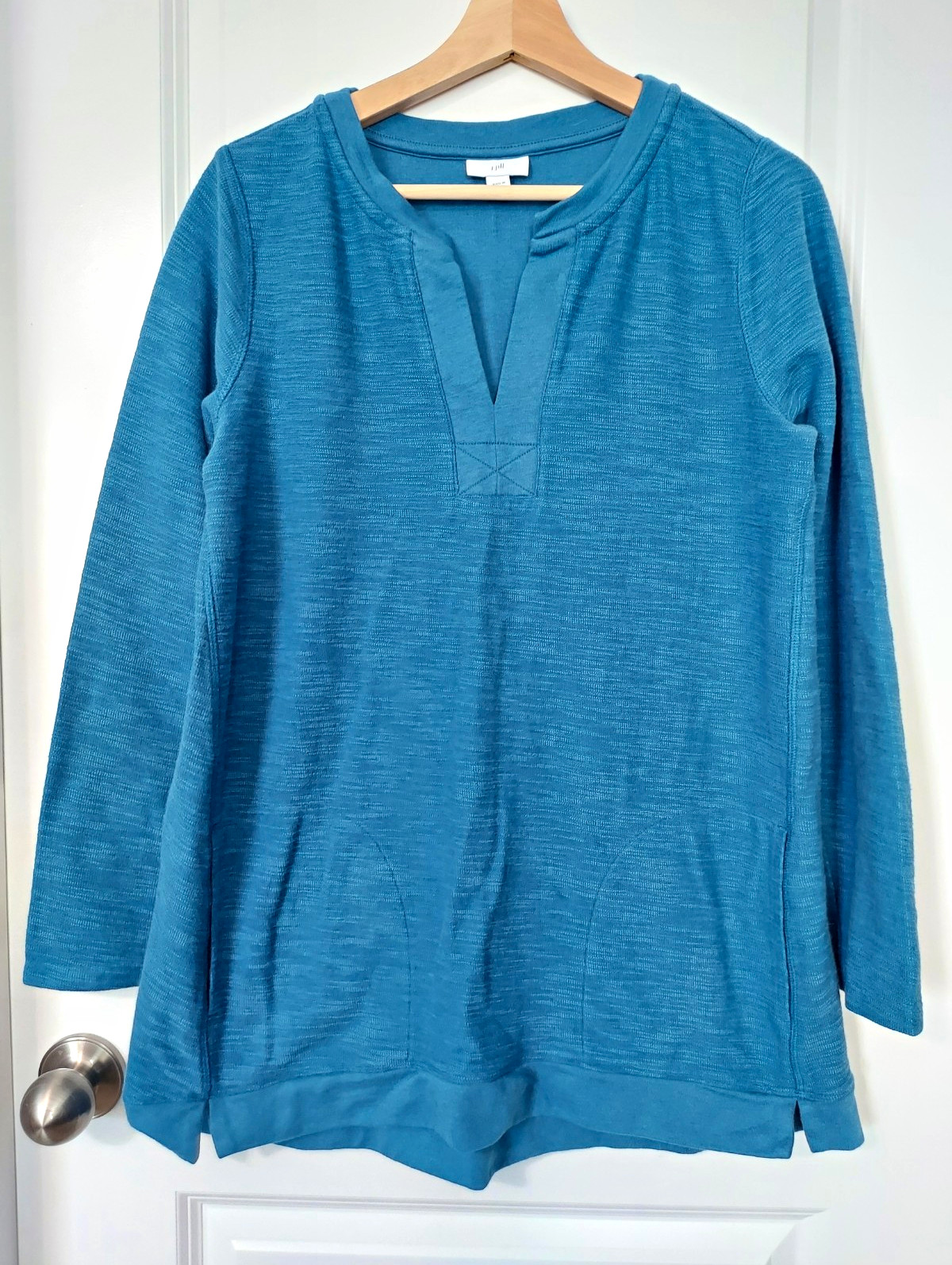 J. Jill Women\'s Blue Solid Knit Tunic V-Neck Long Sleeve Stretch Top Size S
