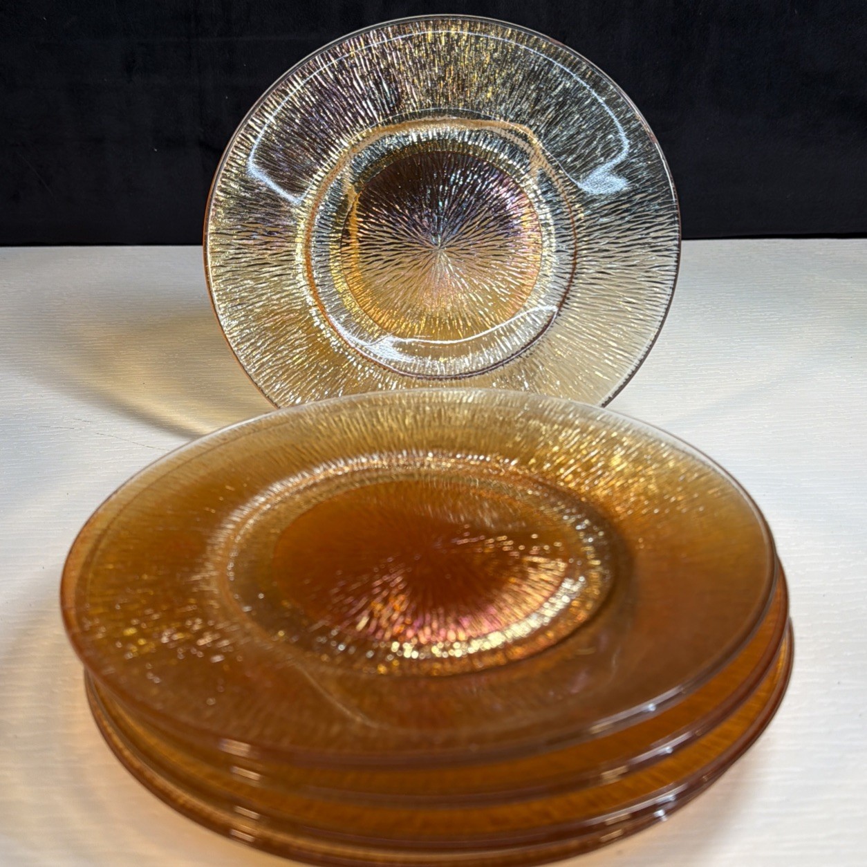 5 Vintage HTF Jeanette Marigold Tree Bark Glass Salad Dessert Bread Plates 7.75”