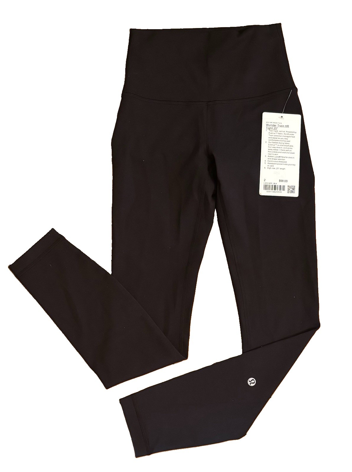 🍒 New Lululemon Black Sz 2 Wunder Train High Rise Tight 25” Everlux NWT $98