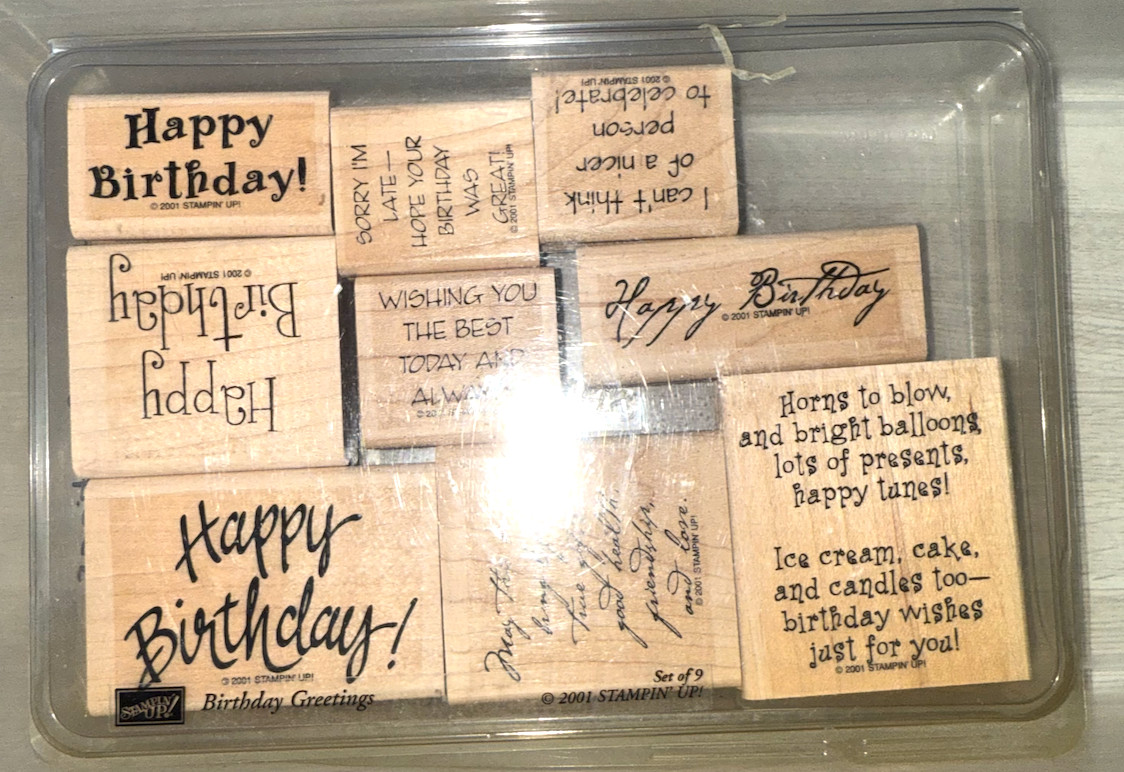 Vintage Stampin’ Up Birthday Greetings Rubber Stamp Set of 9 Wood Mounted 2001