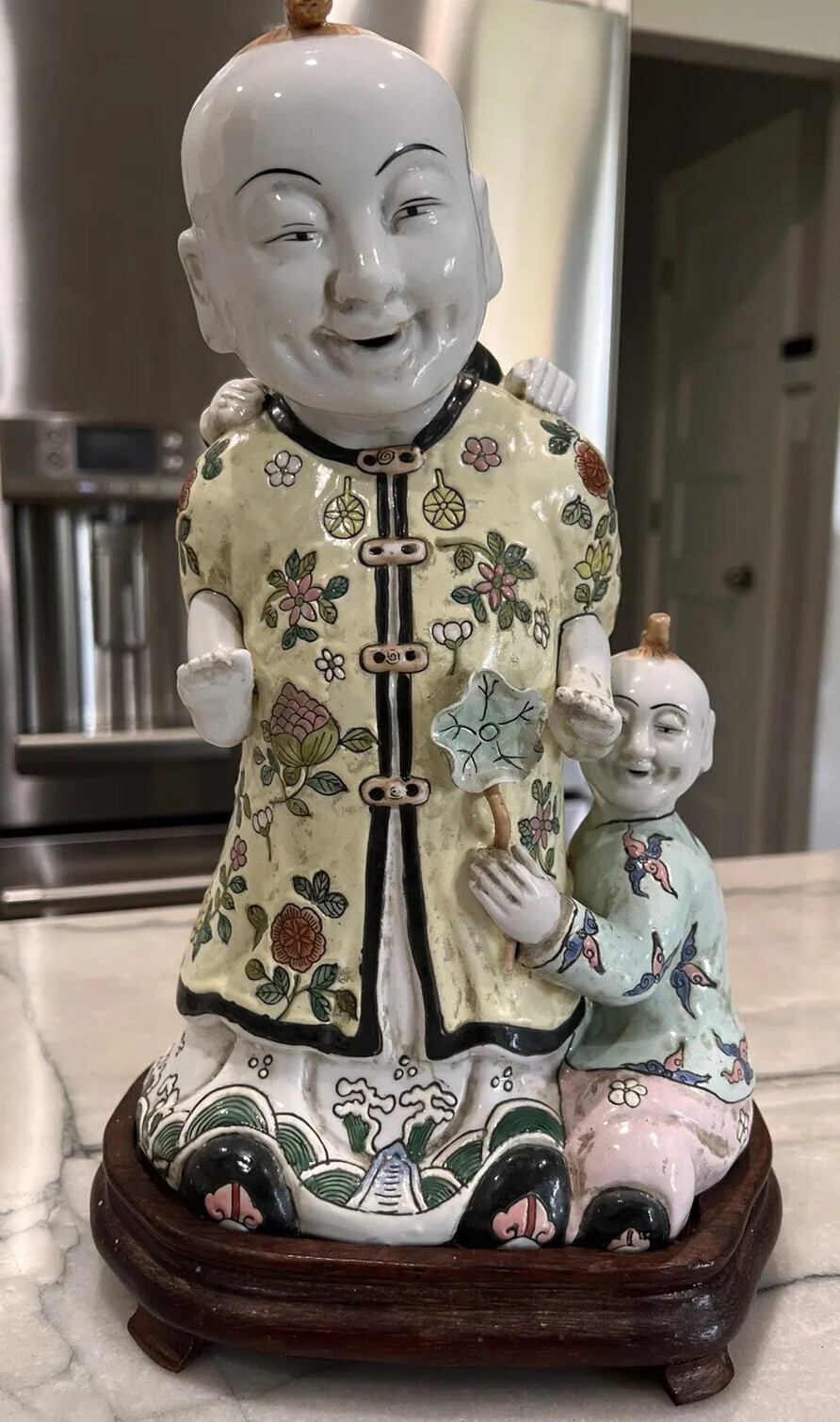Large Hand Painted Porcelain Figurine Chinese Man with Two Children With Base