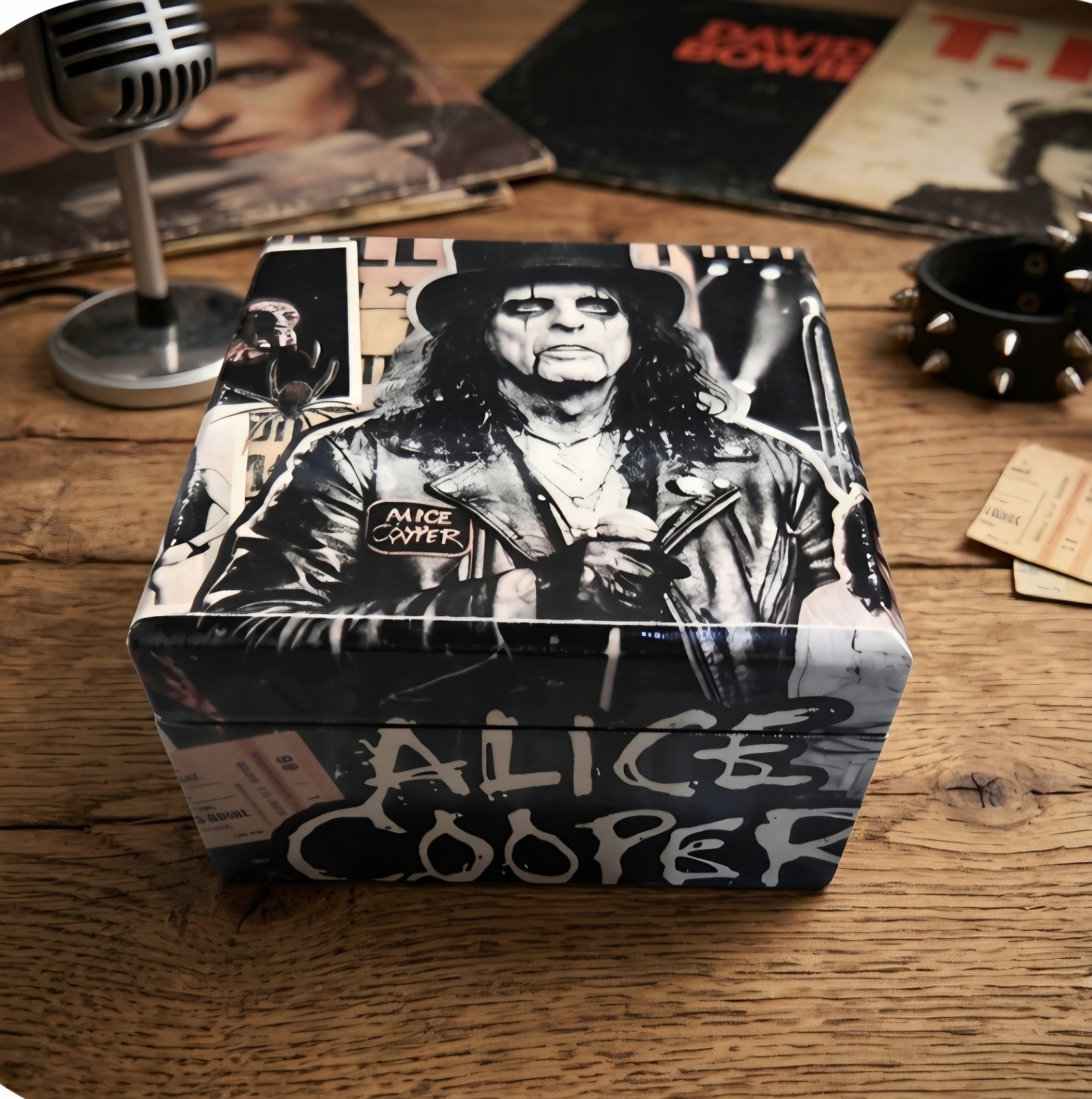 4x4 Alice Cooper-themed Decorative Storage Box with Hinged Lid 4x4 Alice Cooper-themed Decorative Storage Box with Hinged Lid