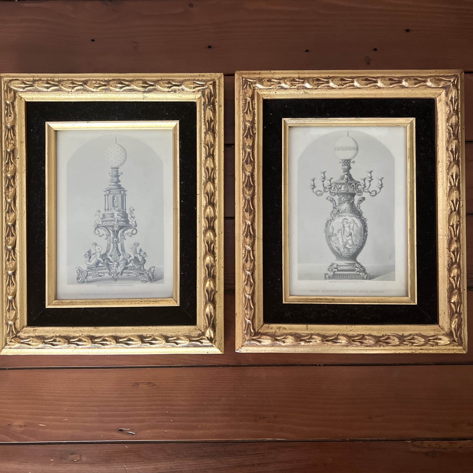 Vintage 1850’s Framed Antique Art - Two French Moderator Lamp Etchings 