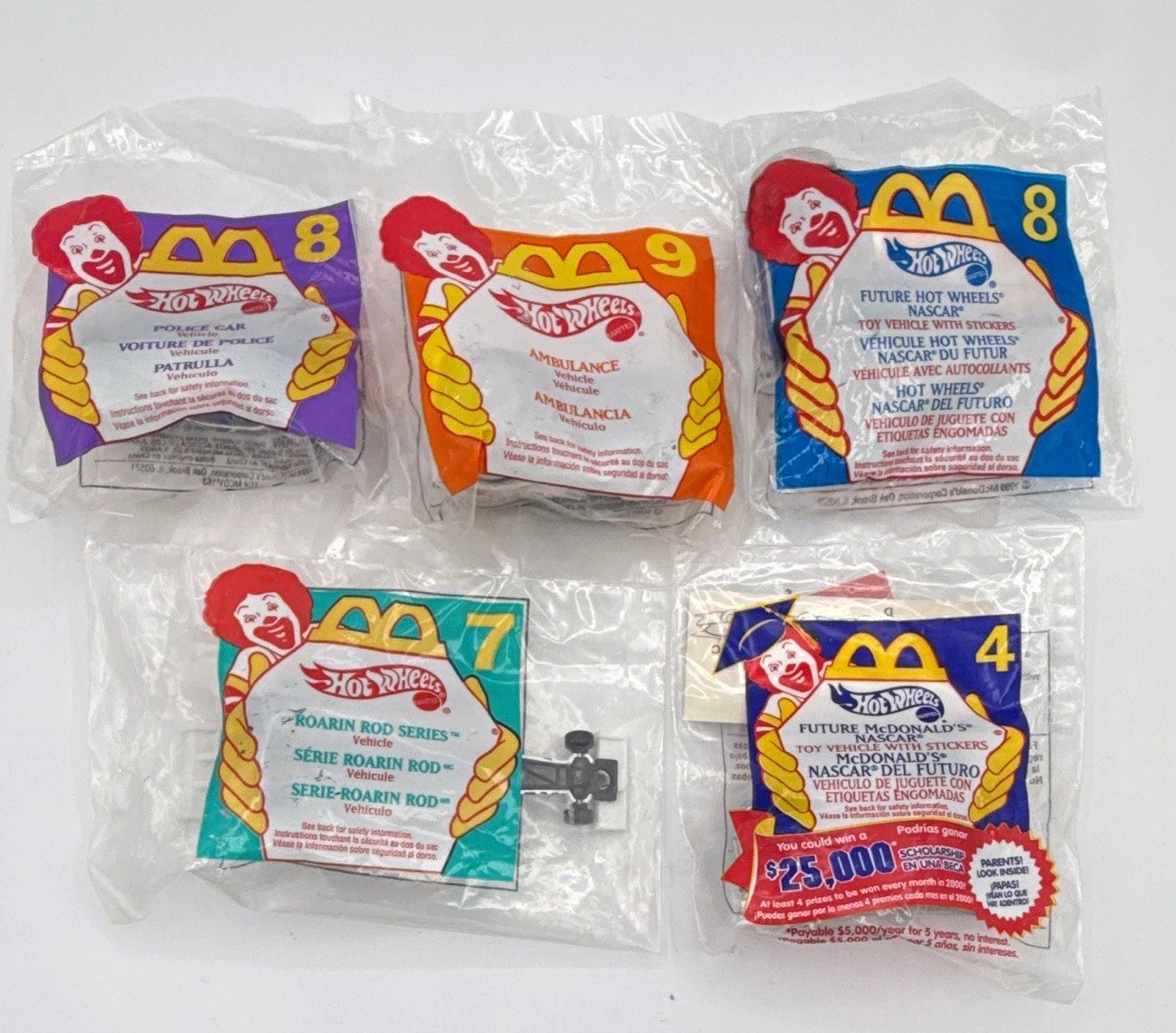 1999 McDonald\'s Hot Wheels Happy Meal Cars Lot 5 Sealed NASCAR Police Ambulance