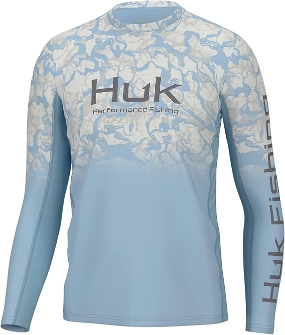 NEW HUK Men\'s Cystal Blue Icon X Crew Long-Sleeve Performance Fishing Shirt Smal