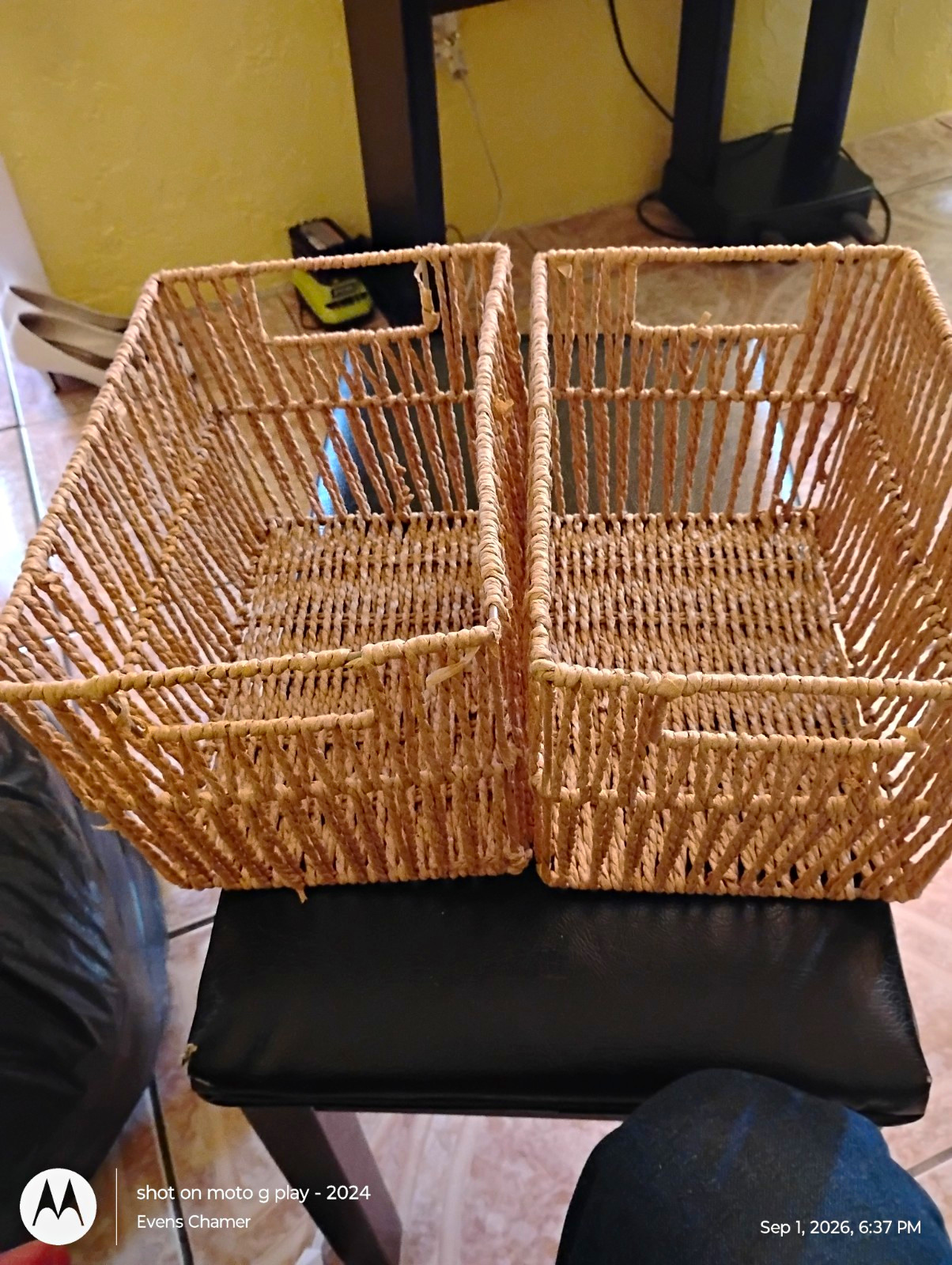 Set of 2 Rectangular Brown Wicker Woven Storage Baskets w/ Handles Metallic