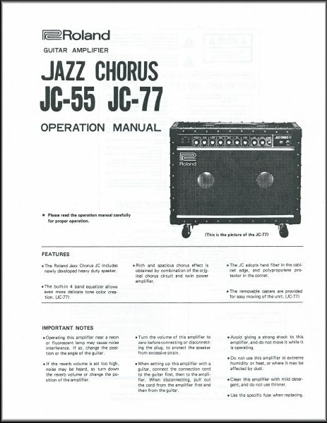 ROLAND JAZZ CHORUS JC-55 JC-77 GUITAR AMPLIFIER OWNER\'S MANUAL - JC 55 77