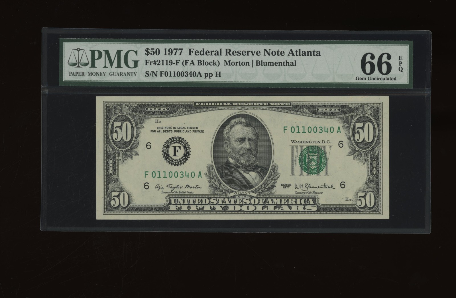 DBR 1977 $50 FRN Atlanta Gem Fr. 2119-F PMG 66 EPQ Serial F01100340A