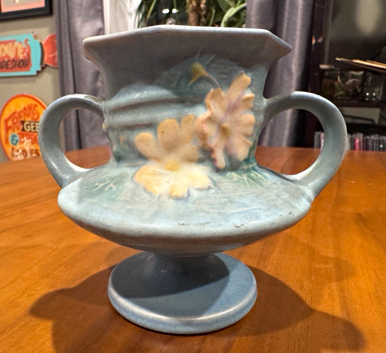 Roseville Pottery Double Handle Blue Cosmos Vase 1930s Vintage Rare Roseville Pottery Double Handle Blue Cosmos Vase 1930s Vintage Rare