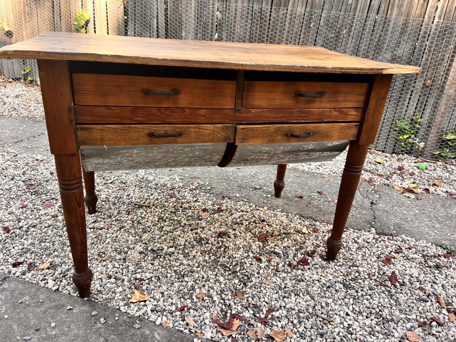 Antique French Country Primitive Possum Belly Pine Wood Bakers Work Table