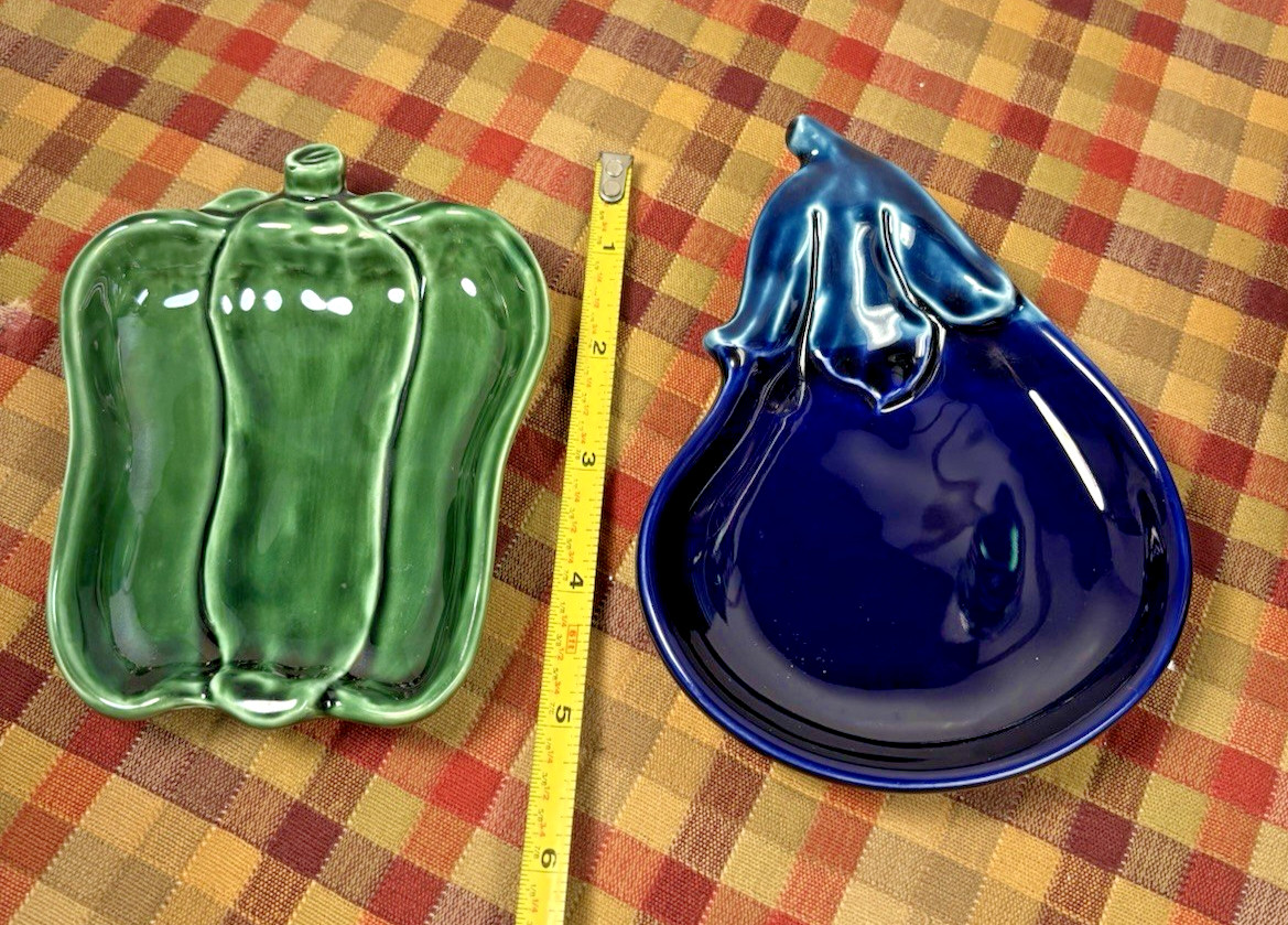 2 Vintage MCI Japan ceramic spoon rests dishes eggplant, green pepper