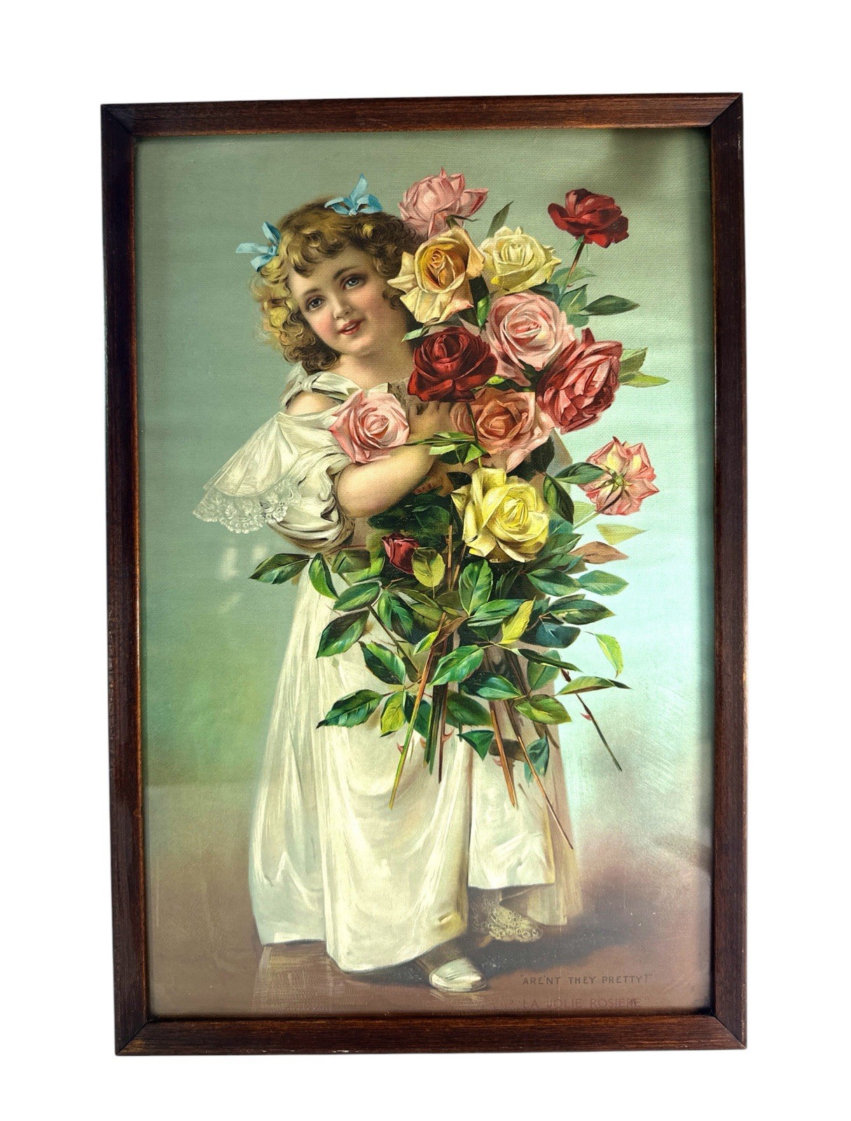 Antique “Aren’t They Pretty?” La Jolie Rosiere Girl Roses Print Framed 14x21
