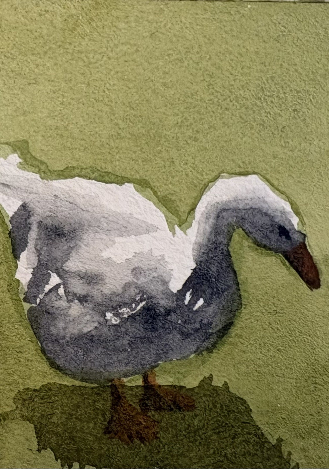 ACEO Original watercolor mini Goose on Grass in the Sun painting cozy slow life