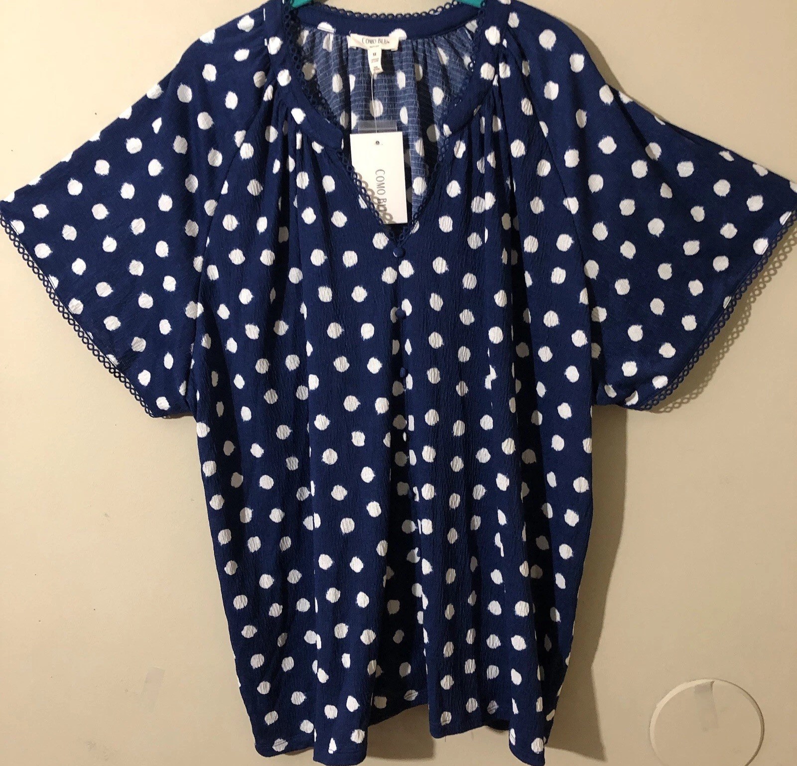 Como Blu Womens Tunic Top Textured Dots Print Crochet Blouse Blue Plus Sz 3X New Como Blu Womens Tunic Top Textured Dots Print Crochet Blouse Blue Plus Sz 3X New