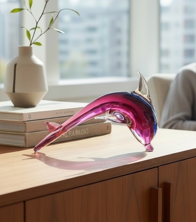 Murano Style Sommerso Art Glass Dolphin Pink Blue Clear Sculpture 8.5”