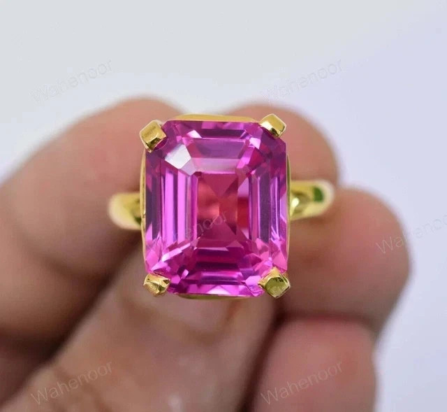 2.82 Ct Emerald Cut Pink Sapphire & Diamond Ring 14k SOLID Yellow Gold