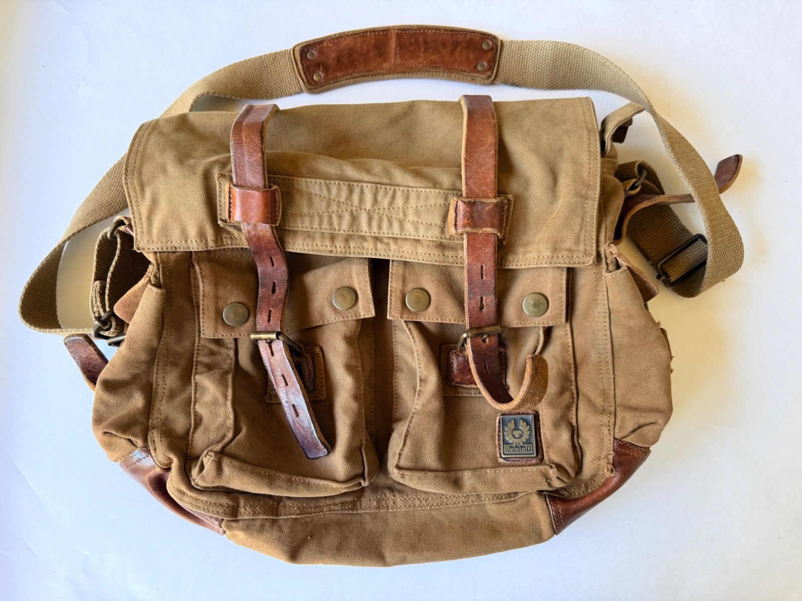 BELSTAFF CANVAS MESSENGER BAG KHAKI BROWN, LEATHER TRIM, MADE IN ITALY