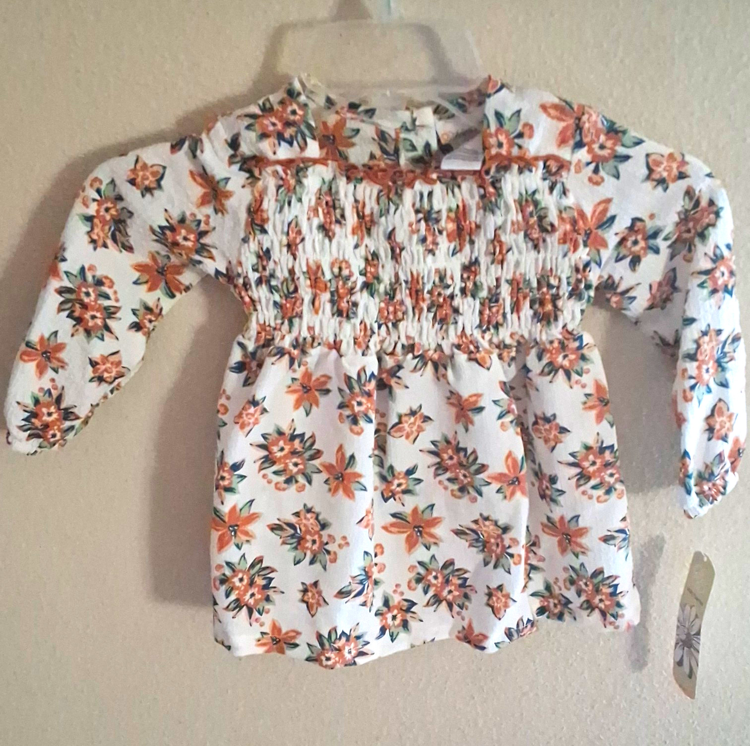 Daisy Fuentes Floral Smocked Puff Long Sleeve Dress 18-24M White/Orange