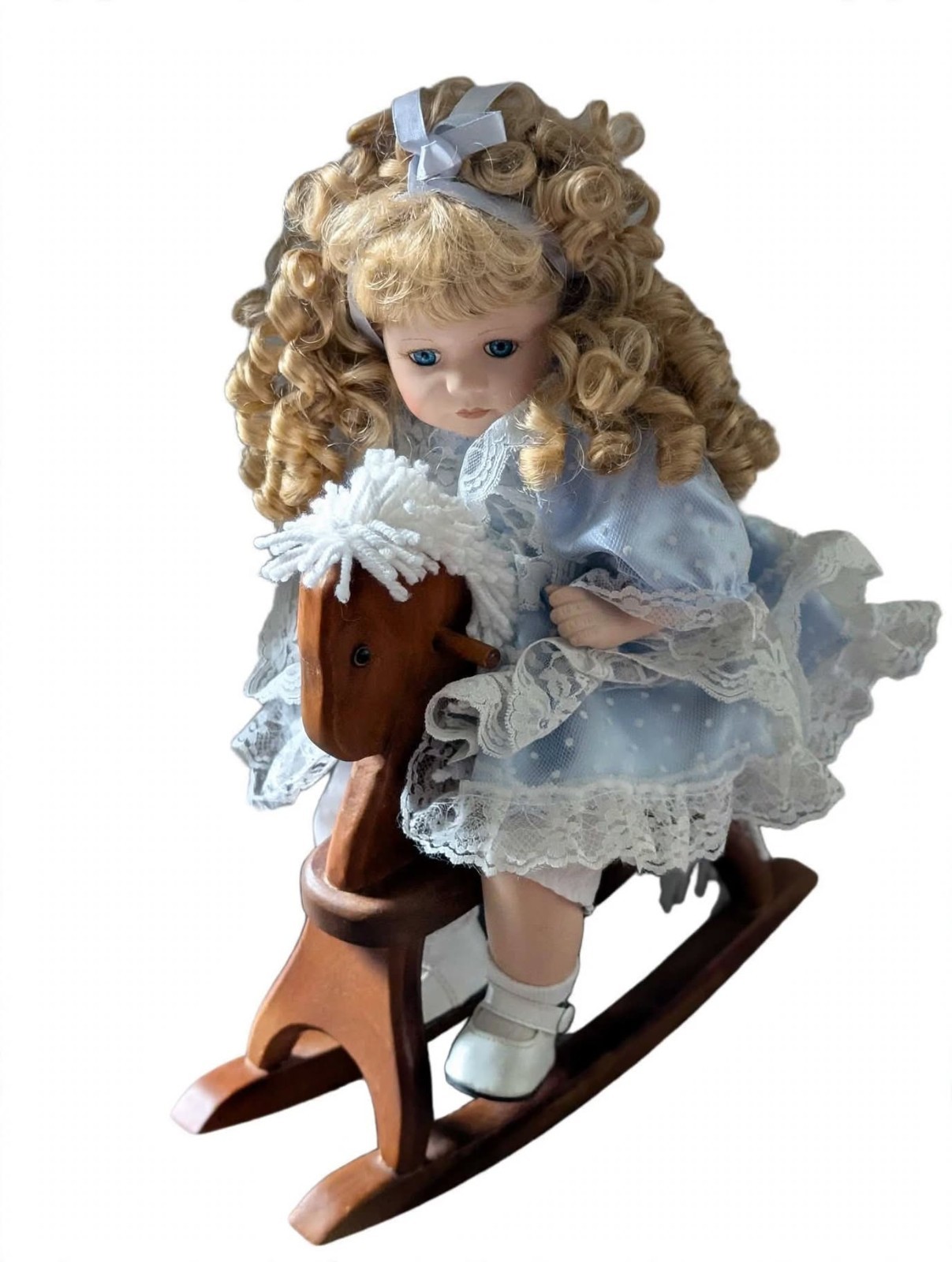 Porcelain Doll on Rocking Horse Blonde Blue Dress Wood Horse 12\
