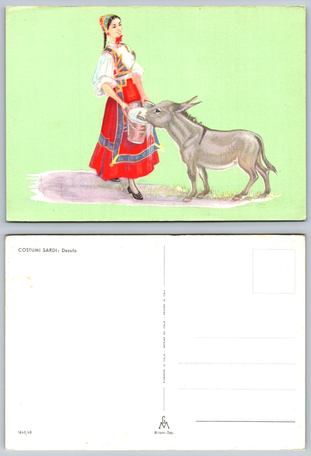 Vintage Postcard: Sardinia Desulo Traditional Costume Woman & Donkey Italy