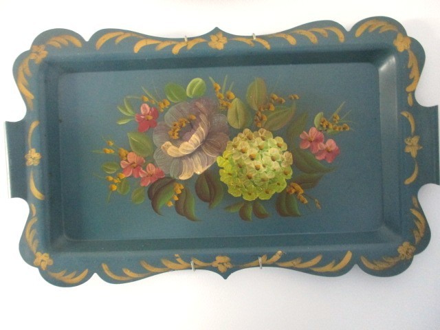 Rare Hand Painted Antique Teal Blue Serving, Display, Tole Tray w/ Hanger