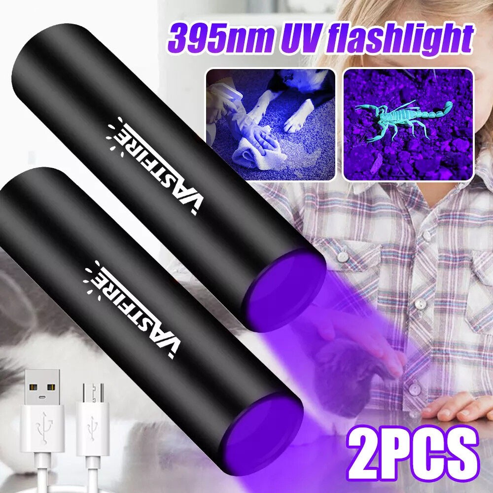 2x 365 nm UV Blacklight LED Flashlight Ultra Violet USB Rechargeable Torch