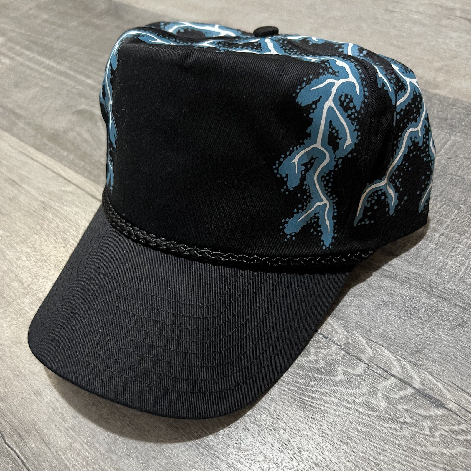 VTG American Thunder 90s Black Lightning Snapback Blank Biker Trucker Hat NOS VTG American Thunder 90s Black Lightning Snapback Blank Biker Trucker Hat NOS