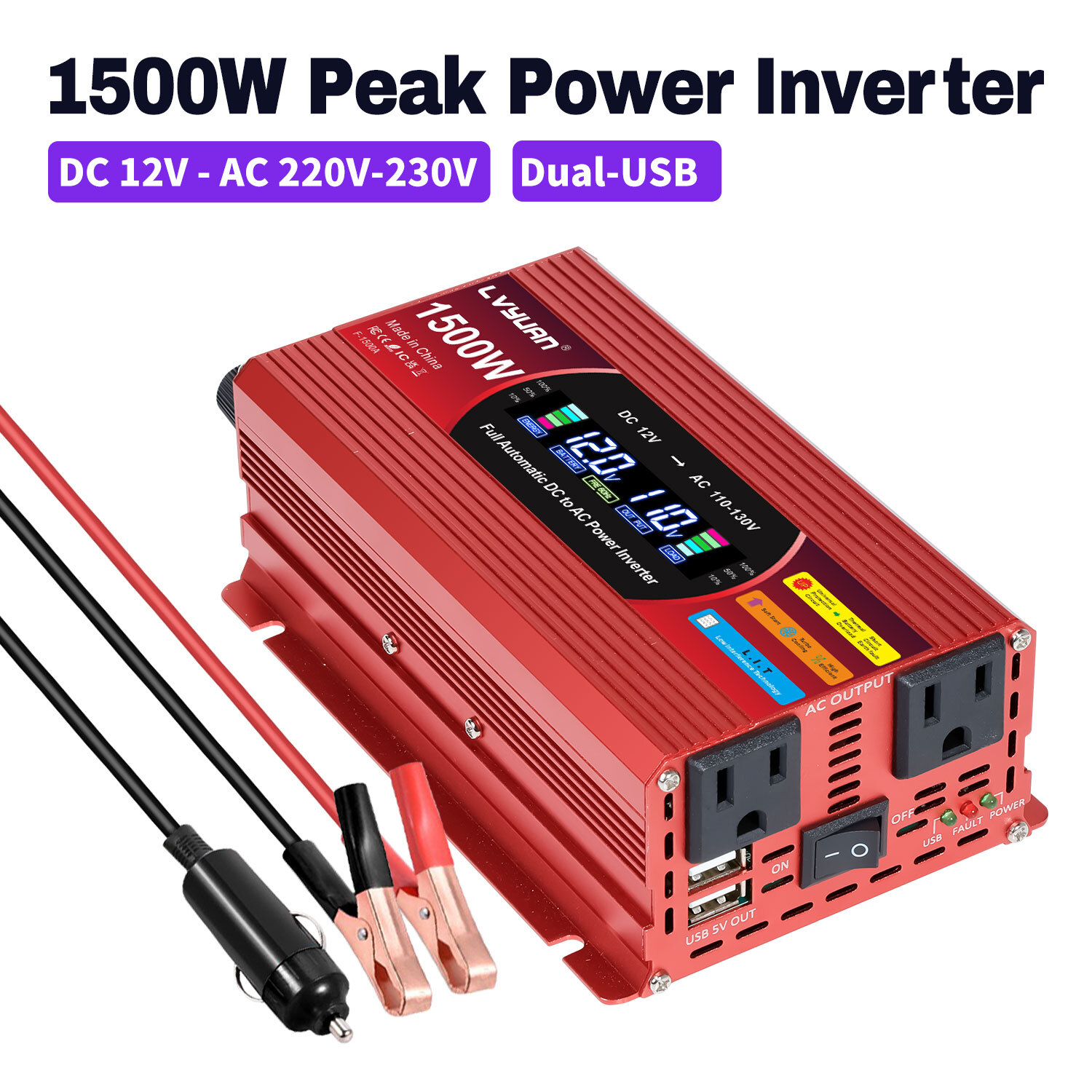 1500W 2000W 2600W Car Power Inverter 12V to 110V 120V With 2USB 2AC LCD Display