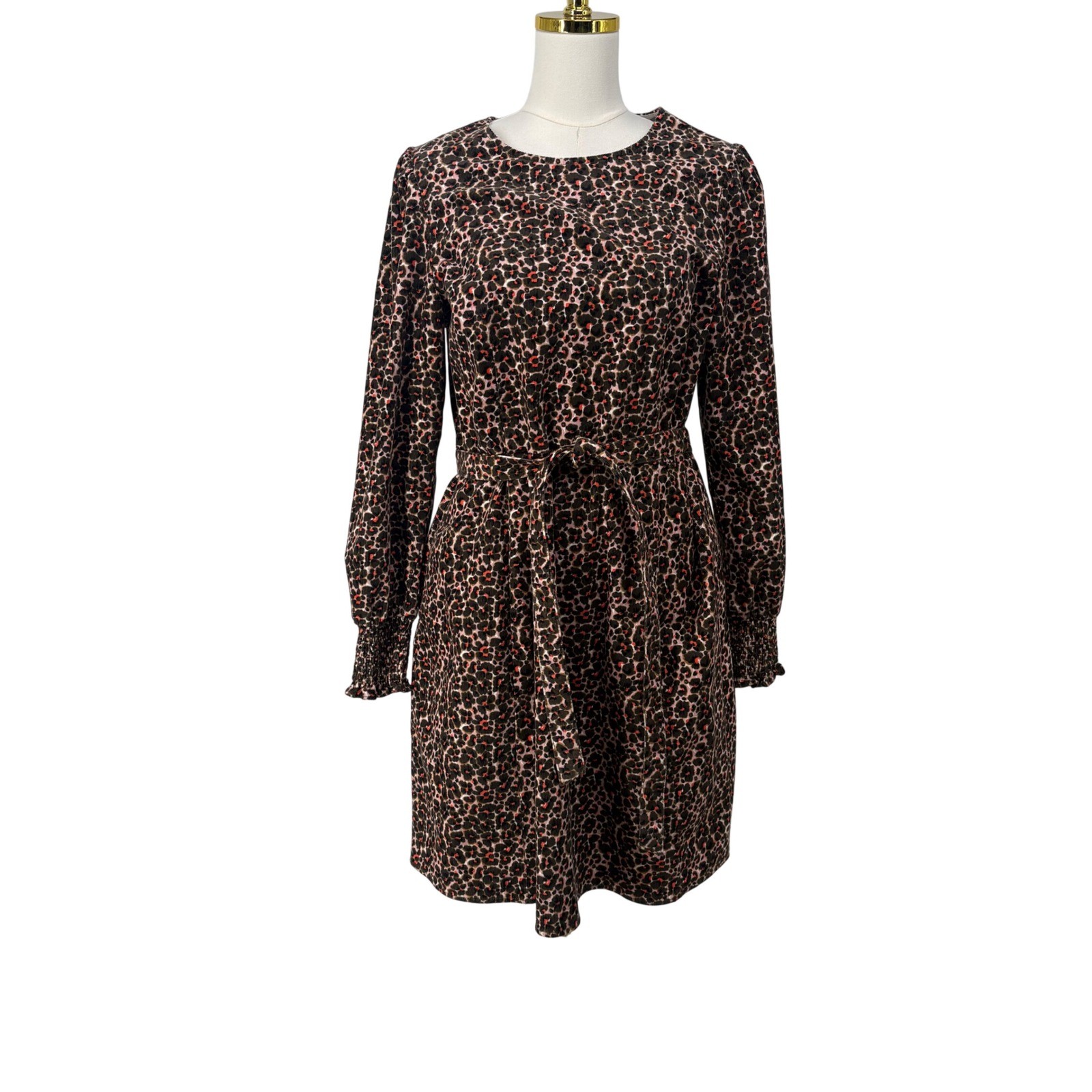 Boden Womens Leopard Print Corduroy Tie Waist Dress Brown Pink US 12R Preppy
