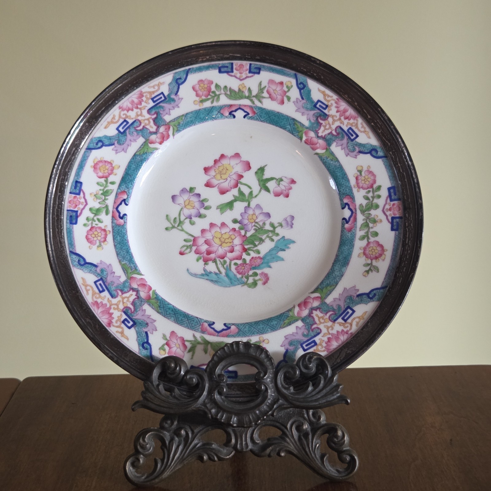 Antique Mintons Minton England Porcelain Plate Shreve Sterling Silver Rim 8.25\