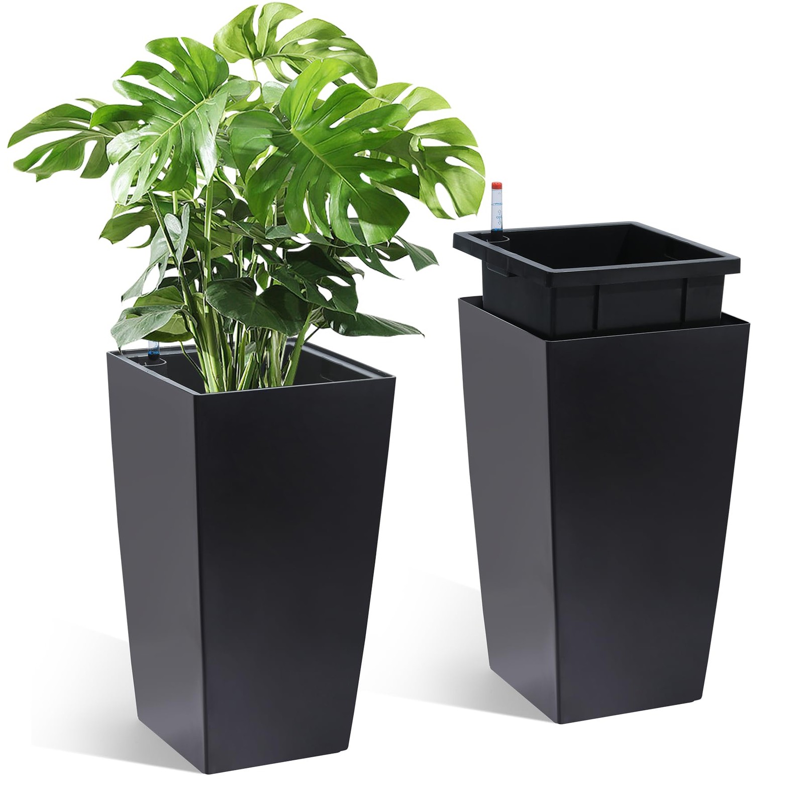 GARVEE Tall Square Self Watering Planter/Plant Pots w/Water Level Indicator 2PCS