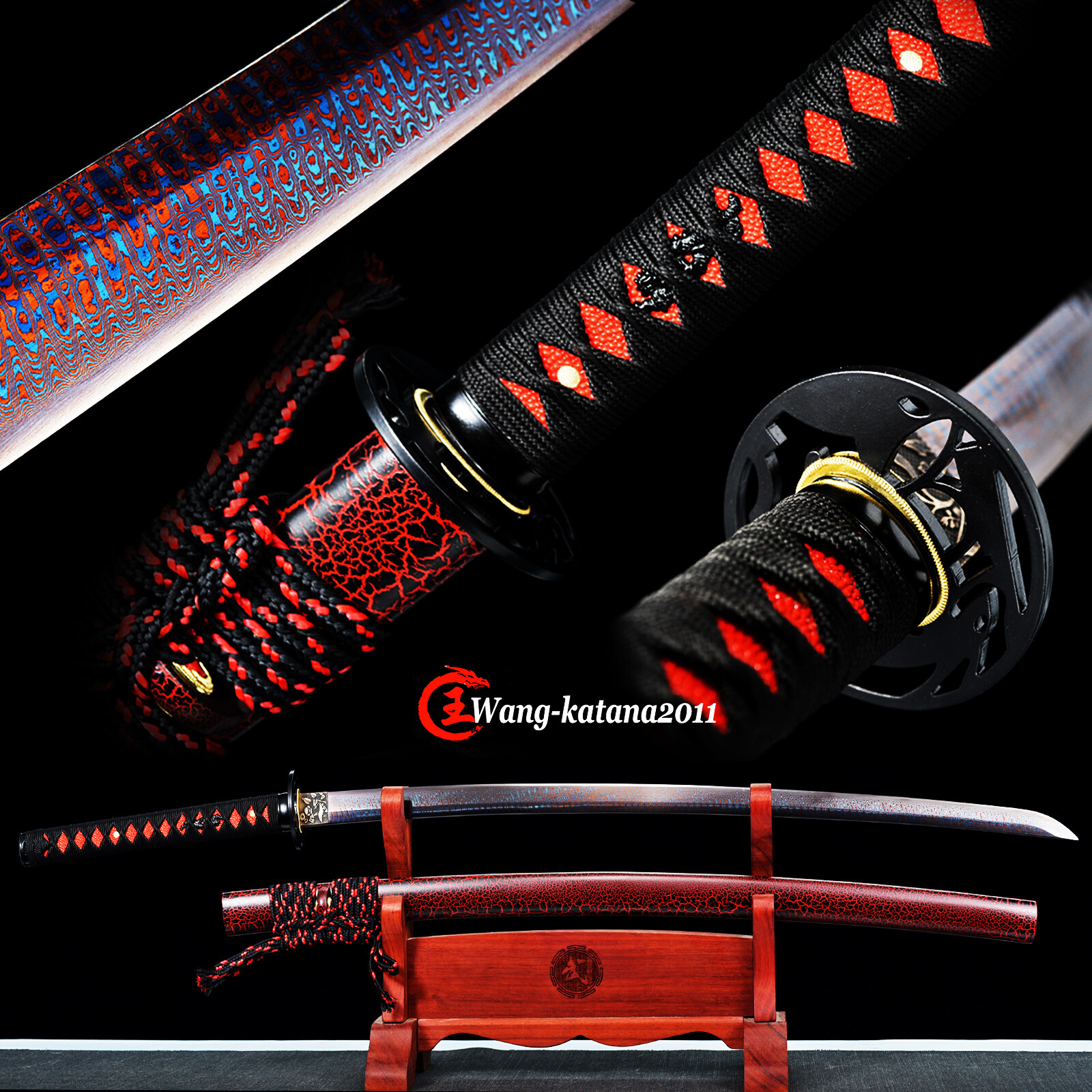Unique Red & Blue Sharp Japanese Samurai Katana Sword Damascus Folded 1095 Steel