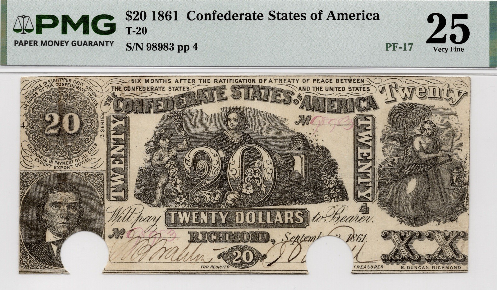 T-20 Confederate $20 1861 Rare PF-17 First Remnants Before 2 Series R11 PMG VF25