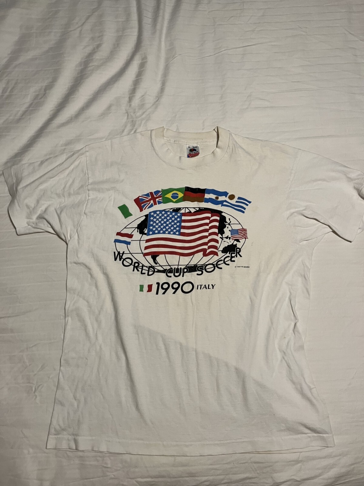 Vintage 1990 World Cup Soccer T-Shirt XL Fruit Of The Loom 100% Cotton White V6