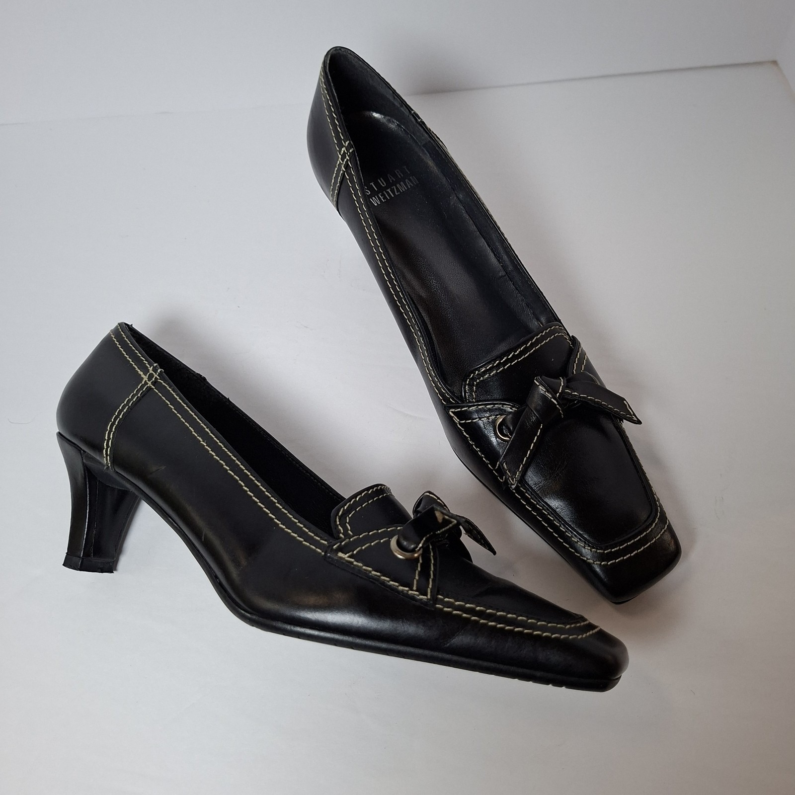 Vintage Stuart Weitzman 90s Square Toe Heels 6 N Spain Patent Bow Thick Stitch Vintage Stuart Weitzman 90s Square Toe Heels 6 N Spain Patent Bow Thick Stitch