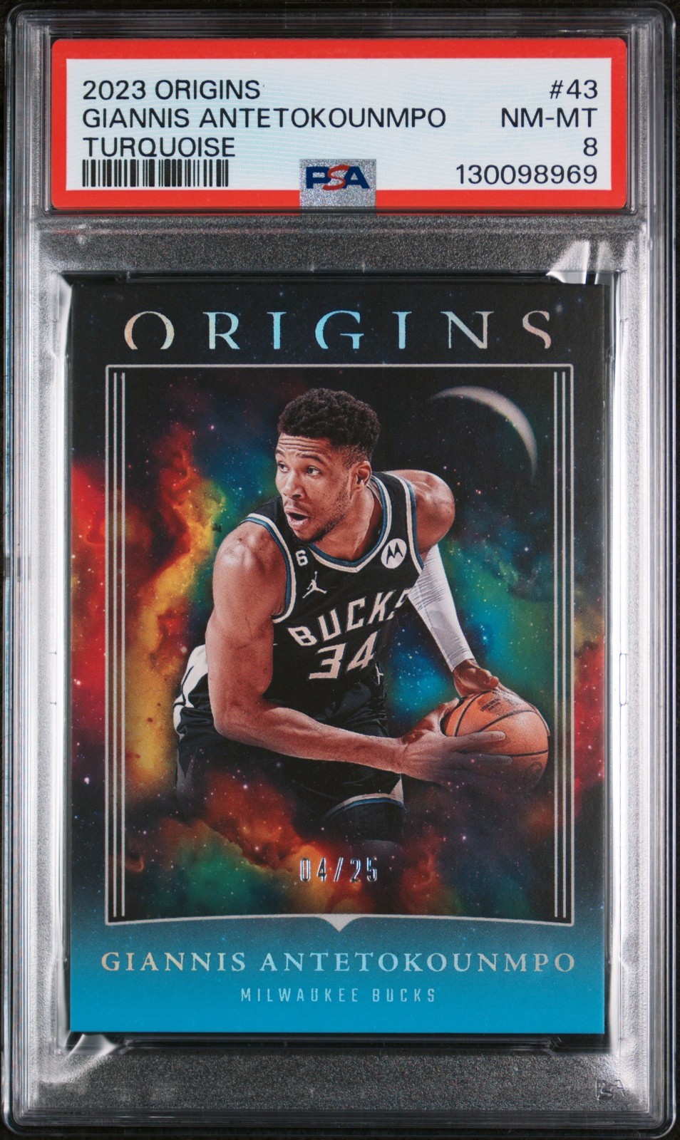 2023-24 PANINI ORIGINS TURQUOISE-#20/25 GIANNIS ANTETOKOUNMPO #43 PSA 8 LOW POP 2023-24 PANINI ORIGINS TURQUOISE-#20/25 GIANNIS ANTETOKOUNMPO #43 PSA 8 LOW POP